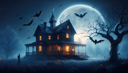 Halloween spooky night with a haunted house and bats, halloween background