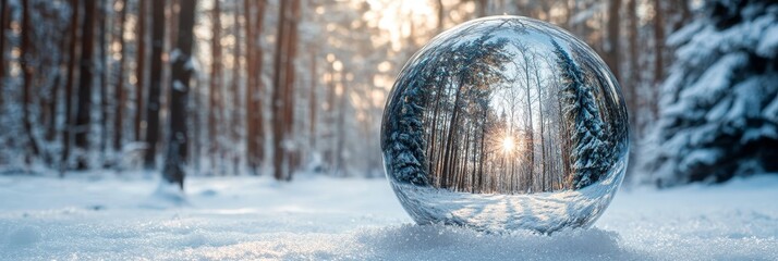 Sticker - Crystal Ball Reflecting Winter Forest Sunset - A crystal ball sits on a snow-covered forest floor, reflecting the winter landscape. The sun peeks through the trees, casting a warm glow on the snow. Th