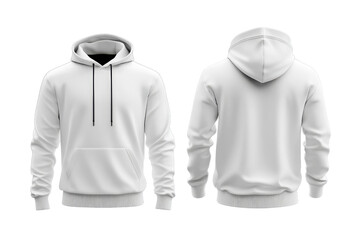 Front and back view of a white hoodie sweatshirt isolated on a transparent background. perfect for mockups and apparel designs.