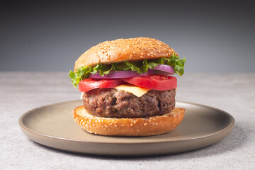 Homemade delicious hamburger with beef, onion, tomato, lettuce and cheese. Fresh burger close up on wooden rustic table with potato fries. Cheeseburger. Burger.