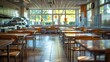 © aicandy - A brightly lit school cafeteria with rows of empty tables and chairs, large windows allowing natural sunlight, and an organized kitchen area in the background