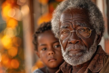 An elderly man with a deeply thoughtful expression, wearing glasses, sits with a young child resting closely behind him against a vibrant, softly blurred background of warm autumnal colors