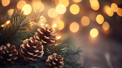 Close-up of pine cones and evergreen branches with soft bokeh lights