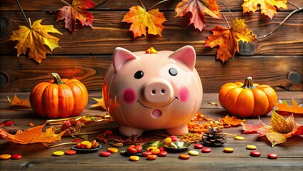 Wall Mural - A decorated Halloween-themed piggy bank sits on a wooden table surrounded by autumn leaves, candy, and spooky decorations, awaiting trick-or-treaters' savings.