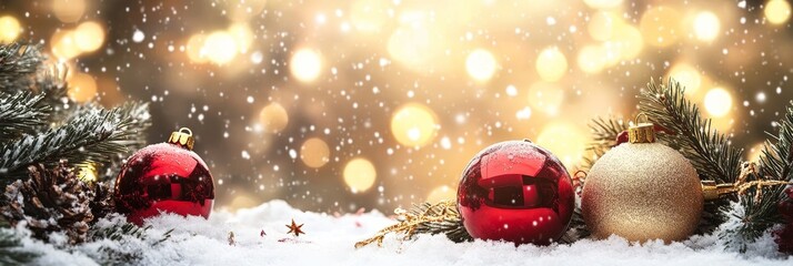 Canvas Print - Festive Christmas Ornaments in Sparkling Snow - Three Christmas ornaments, one red and two gold, rest on a bed of pristine white snow. The background is a soft, warm glow of bokeh lights, suggesting a