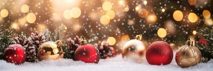 Wall Mural - Festive Christmas Ornaments with Sparkling Lights and Snow - A close-up of Christmas ornaments, pine cones, and evergreen branches covered in snow, with a soft-focus background of twinkling lights, sy