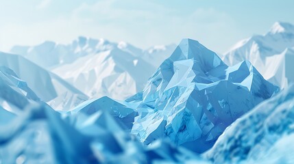 Stylized low-poly mountain landscape in cool blue and white tones realistic, 8k