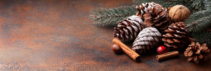 Poster - Festive Winter Wonderland with Pine Cones and Cinnamon Sticks - A rustic brown background with pine branches, pine cones dusted with snow, cinnamon sticks, and a red berry.  Symbolizing nature, winter