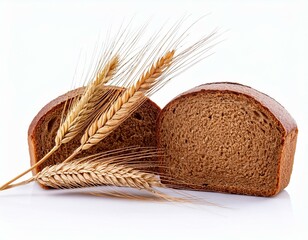 Two halves a loaf of rye bread and wheat ears isolated on white background.