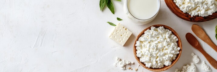 Sticker - Fresh Cottage Cheese, Milk, and Wooden Spoons on White Background - A bowl of fresh cottage cheese, a glass of milk, and wooden spoons on a white background. This image represents healthy eating, dair