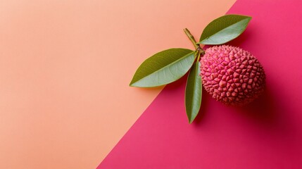 Poster - Fresh Lychee Fruit with Green Leaves on a Colorful Background - A single lychee fruit with green leaves, symbolizing freshness, vibrancy, nature, summer, and tropical.