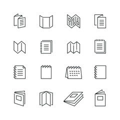 Vector line set of icons related with brochure. Contains monochrome icons like booklet, book, polygraphy, brochure, paper and more. Simple outline sign.