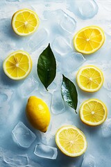 Poster - A group of lemons and leaves on ice on a blue background