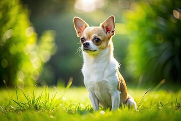 Adorable white and brown Chihuahua sits comfortably on a lush green lawn, looking to the right on a hot sunny summer day, with ample copy space.