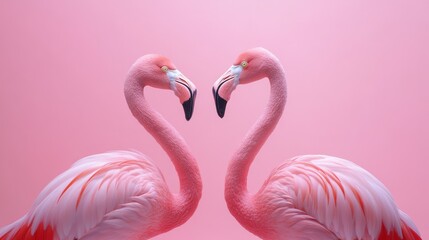 two pink flamingos in love, against a pink background