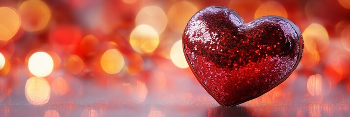 Wall Mural - Red Glitter Heart Against a Bokeh Background for Valentine's Day - A sparkling red heart with glitter sits against a warm and blurry bokeh background, symbolizing love, romance, passion, celebration, 