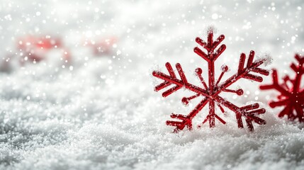 Canvas Print - Red Snowflake in Fresh Snow - Winter Wonderland - A single red snowflake rests on a bed of fresh snow, with a gentle snowfall creating a winter wonderland atmosphere. The snowflake symbolizes winter, 