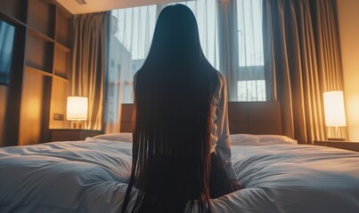 Poster - Woman Sitting on Bed in Hotel Room