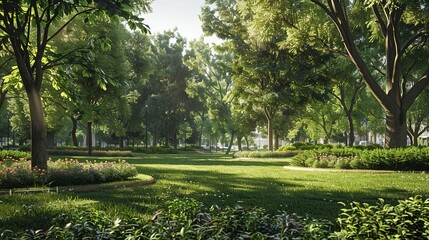 Sticker - 3D Illustration of Lush Green Park with Sunbeams