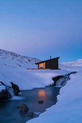 Wall Mural - A small house in the middle of a snowy landscape with a waterfall