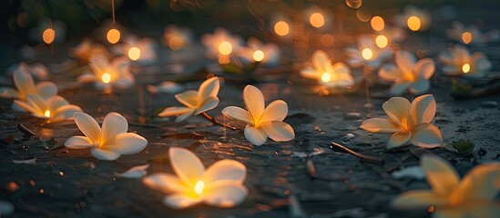 Wall Mural - Plumeria flowers on the ground in the evening with plenty of copy space image.