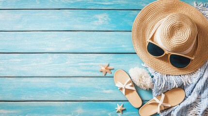 Canvas Print - Summer Vacation Essentials on Blue Wooden Background - A blue wooden background with a straw hat, sunglasses, sandals, and starfish, representing relaxation, beach vibes, summer fun, travel, and vacat