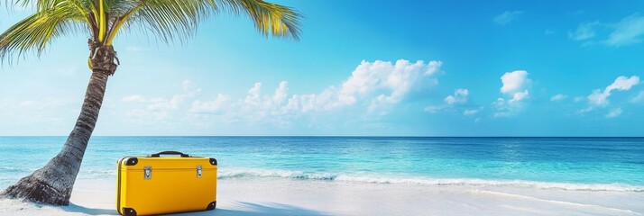 Canvas Print - Tropical Getaway: Suitcase on a Pristine Beach - A yellow suitcase sits on a pristine white sandy beach, with crystal clear blue water in the background, symbolizing relaxation, travel, adventure, esc