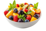 Fresh fruit salad with berries, kiwi, and peaches in a white bowl garnished with mint leaves, perfect for a healthy snack or breakfast.