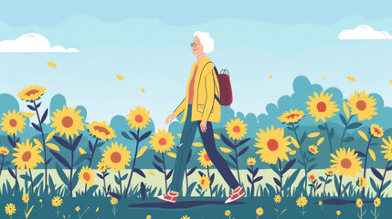 Wall Mural - An older woman strolls through a sunny field adorned with blooming sunflowers on a beautiful spring day