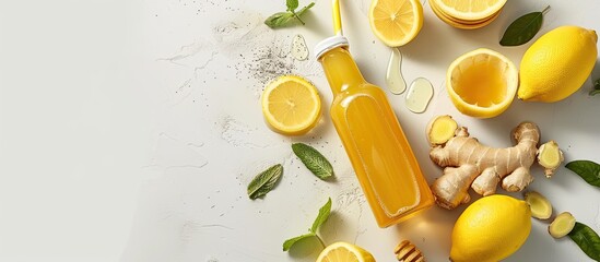 Top view of a ginger and lemon drink presented in a bottle with a straw, accompanied by ingredients like ginger root, lemon, and honey, on a white surface with copy space image.