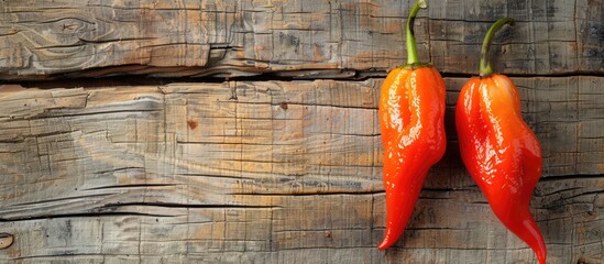 Poster - Top-down view of two ghost peppers on a weathered wooden surface with copy space image available.