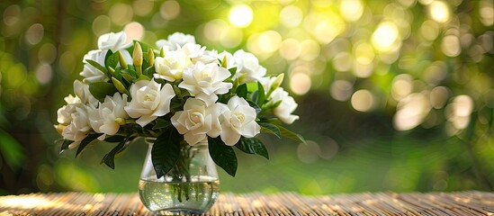 Wall Mural - Gardenia bouquets elegantly arranged in a vase on a reed mat against a serene green meadow with a copy space image.