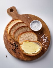 Wooden board of bread slices with fresh butter, peppercorn and salt on white background