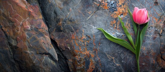 Wall Mural - Pink tulip flower on stone texture with green leaves in copy space image.