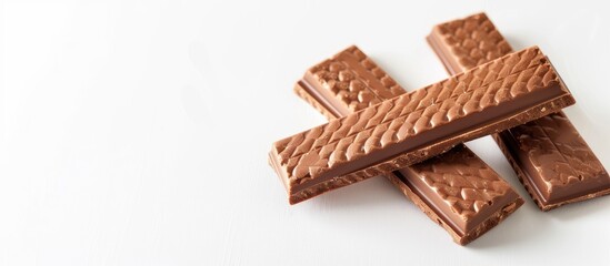 Isolated chocolate wafer stick on a white background, featuring copy space for text. Sweet treat image.