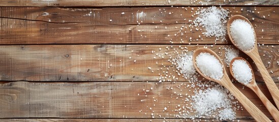 Wall Mural - Light wooden table with spoons sprinkled with natural sea salt displayed in a flat lay style, offering ample copy space image.