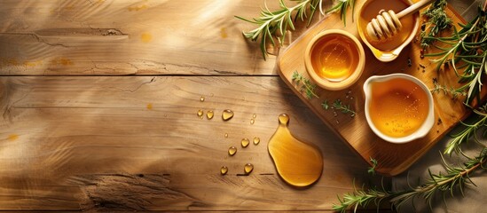 Light wooden board with hot honey and ingredients displayed, providing copy space image.