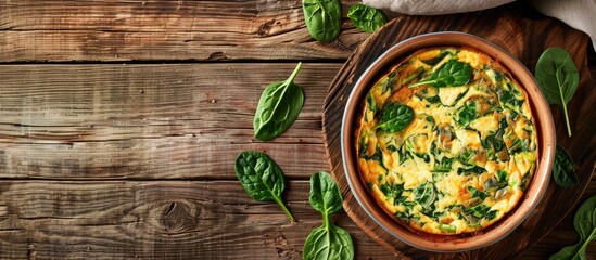 Wall Mural - Spinach frittata displayed in a baking dish on a wooden table with copy space image.