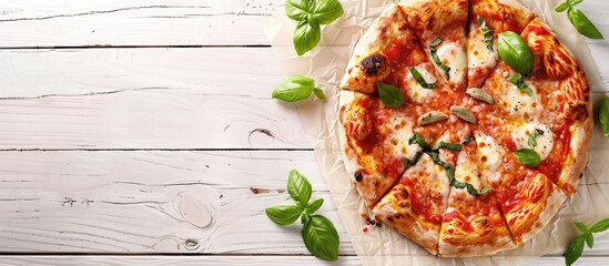 Traditional Italian dish featuring oven-baked pizza with buffalo mozzarella, parmigiano-reggiano cheese, basil, and anchovies on a white wood textured table with a close-up, top view, and copy space