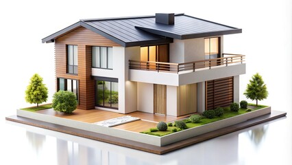 Wall Mural - A miniature modern house model rests on a pristine white background, showcasing sleek architectural lines, large windows, and a subtle sloping roof.