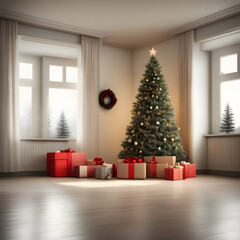 A large Christmas tree sits in the corner of a room with a wreath on top. The room is decorated with many presents, including a large pile of red boxes. Scene is festive and joyful