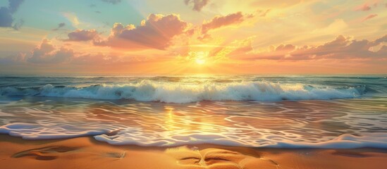 Poster - Sunset on the horizon casts a warm glow over the ocean in the background of this seascape. Enjoy a serene evening on the sandy beach with the sun's rays creating a beautiful natural setting, perfect