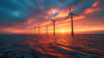 Wall Mural - Wind Turbines Harnessing Power at Sea During Sunset