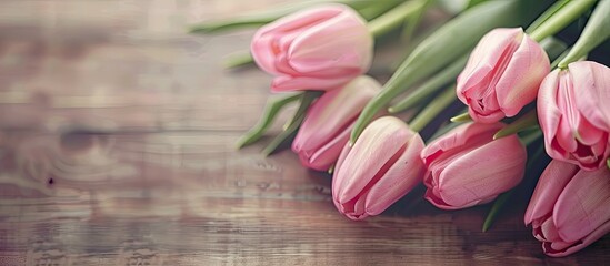 Wall Mural - Pink tulip bouquet displayed on a table with copy space image.