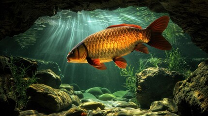 Wall Mural - Golden Carp in Underwater Cave.