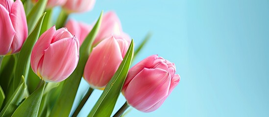 Wall Mural - Vibrant pink tulips in full bloom are captured in a close-up copy space image against a soft, bright blue backdrop.