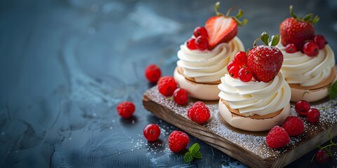 Wall Mural - Delicious Pavlova meringue cake decorated with fresh berries on light blue background with copy space. Confectionery, recipe, menu. Sweet summer dessert for event, party, birthday, wedding