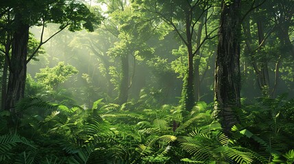 Sticker - Lush Green Forest with Sun Rays Illustration