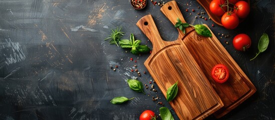 Position two cutting boards on a food-themed background for a visually appealing concept. The top view includes copy space for additional elements.