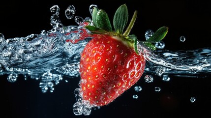 A dynamic image of a strawberry plunging into water, with a splash that highlights its juicy texture